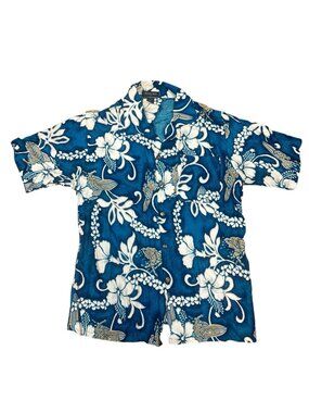 Vintage Hawaiian Shirt Banana Split XL‎ Hibiscus Floral Blue White Rayon Aloha